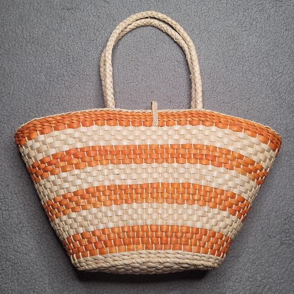 J. Crew Tote Bag Orange Natural Stripe Woven Raffia Straw Beach Market Vacation - Picture 2 of 7